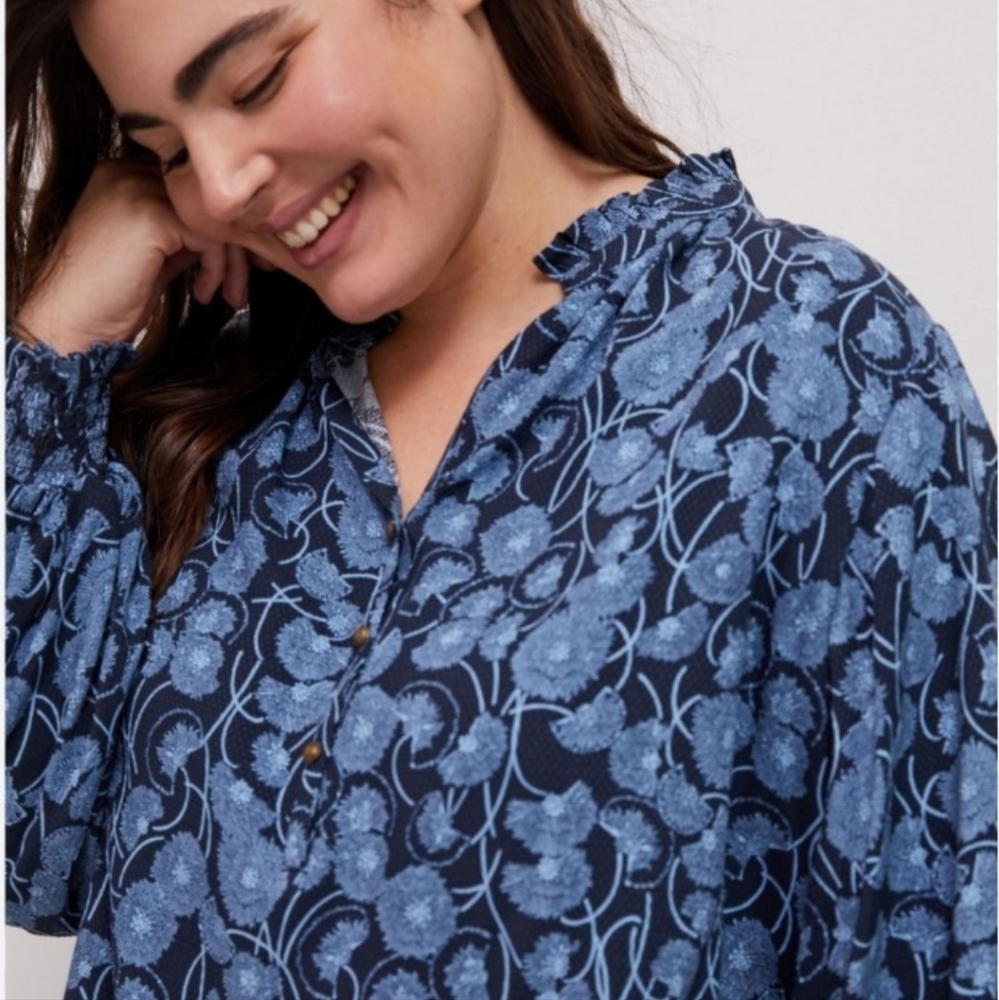Maeve Navy Floral Ruffle-Neck Button Blouse